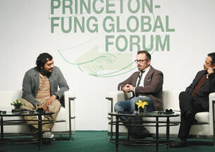Filmmakers Andrew Jarecki '85, center, and Anurag Kashyap, left, with Princeton professor Gyan Prakash during the University’s first global forum in Shanghai.