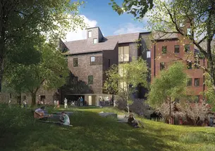 Rendering of a Lakeside graduate community apartment building.