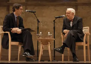 Former Supreme Court Justice John Paul Stevens, right, is questioned by Provost Christopher Eisgruber '83, one of Stevens’ former law clerks, during a conversation in Richardson Auditorium.