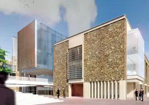 Renderings show renovations planned for the former chemistry lab at 20 Washington Road. Above, a glass walkway and an atrium mark a new entry from Scudder Plaza.