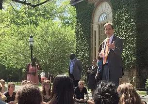 OTC-BanTheBox1286n.jpg President Eisgruber ’83 addresses a May teach-in by “ban the box” advocates.