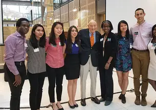 John C. Bogle ’51 with freshmen selected as Bogle fellows in civic service.