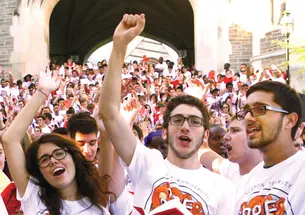 Freshmen raise their voices at the Blair Arch Step Sing.