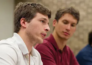 GSG president Sean Edington, left, at a meeting about Lakeside concerns.