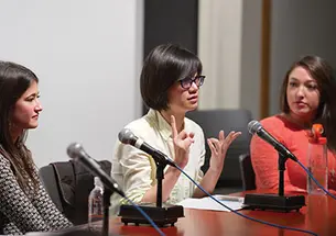 Newly elected USG president Ella Cheng ’16, center, makes a point at a December panel. Catherine Ettman ’13, left, and Molly Stoneman ’16 also have run for the USG’s top office.