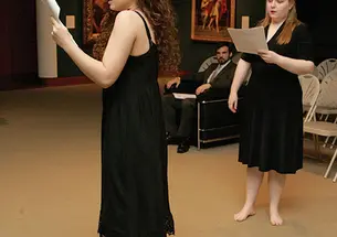 From left, Evelyn Giovine ’16, Jake Robertson ’15, and Maeve Brady ’15 in a staged reading of C.K. Williams’ retelling of the Phaedra story, Beasts of Love, at the art museum.