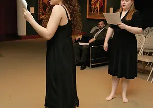 From left, Evelyn Giovine ’16, Jake Robertson ’15, and Maeve Brady ’15 in a staged reading of C.K. Williams’ retelling of the Phaedra story, Beasts of Love, at the art museum.