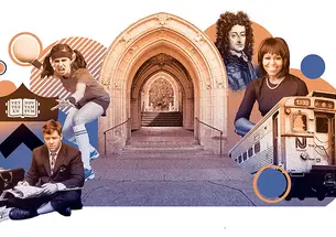 This is an illustration of a tunnel on Princeton’s campus surrounded by images including the Dinky, Michelle Obama, and Russell Crowe playing John Nash in "A Beautiful Mind."