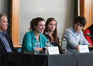 Taking part in an Alumni Day forum were, from left: Hap Cooper ’82, Tiger Inn grad board president; Lucia Perasso ’16, Terrace Club president; Sydney Kirby ’15, former vice president of Cannon Club; Joe Margolies ’15, Interclub Council president; 