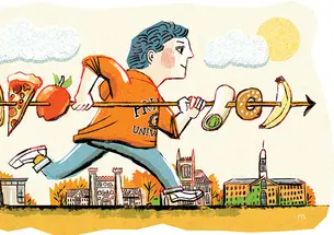 Illustration of a student running with a spear, spearing food items