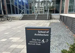Entrance to the School of Architecture with accessibility signage