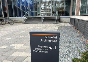 Entrance to the School of Architecture with accessibility signage