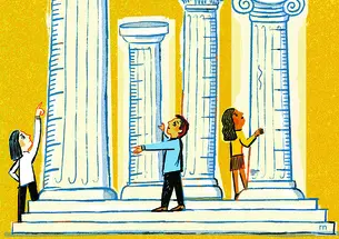 Illustration of people measuring columns that symbolize institutions