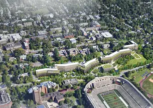 Aerial rendering of the Environmental Studies and School of Engineering and Applied Science complex