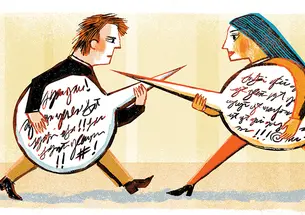 This is an illustration of students fighting each other with speech bubbles.