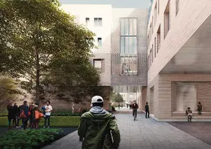 This is a rendering of renderings of Hobson College, a modern-looking building slated to open in 2026.
