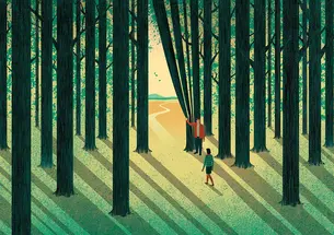 This is an illustration of an alum pulling back the trees in a forest like they're a curtain, to show a student a path through sunlight on the other side.