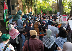 Demonstrators rally in front of Nassau Hall.