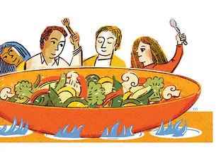 Drawing of students surrounding salad bowl