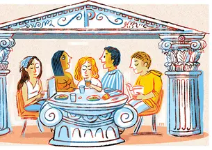 Illustration of five students in a Greek restaurant; two are talking, one is on a laptop, one is reading a book, and one is drinking steaming hot coffee.