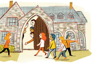 Students entering Cloister Inn