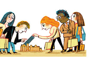 Illustration of students standing around tiny housing