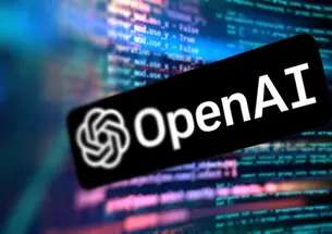 This illustration has the text "Open AI" in front of a background like computer code. 