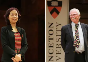 Two photos of award winners standing on stage - left, Fei-Fei Li and right, John Fitzpatrick