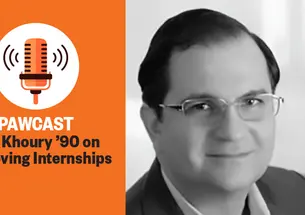 The right side of this image is a black-and-white headshot photo of Rob Khoury; the left side is a microphone graphic with text reading: "PAWCAST: Rob Khoury ’90 on Improving Internships."