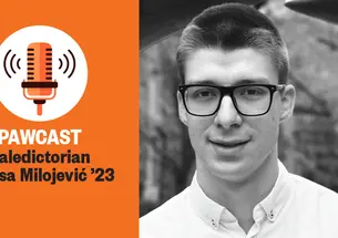 Right, a black-and-white photo of Aleksa Milojević; left, text reading "PAW