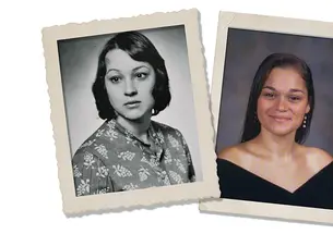 Joy McIntyre ’74, left, and her daughter, Victoria Tobolsky ’12, in their Nassau Herald senior photos.