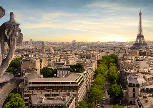 Paris with a gargoyle in the background and a gargoyle in the foreground.