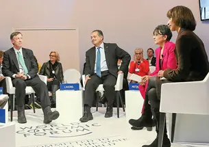 Woodrow Wilson School Dean Cecilia Rouse (right) participates in a panel at the World Economic Forum in Davos, Switzerland, with (from left) Colorado Gov. John Hickenlooper, Dow Chemical Co. CEO Andrew Liveris, and U.S. Secretary of Commerce Penny Pritzke