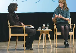 Queen Noor of Jordan (formerly Lisa Halaby ’73), right, spoke about how her time at Princeton prepared her for challenges she faced as queen. After her speech, she talked with Woodrow Wilson School Dean Cecilia Rouse.