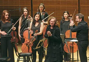 The music of Julia Wolfe *12, center, incorporates elements of classical music, rock, jazz, folk, and pop.