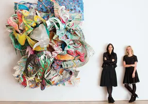 Megan Heuer *08, left, and Emily Arensman ’06 create events that bring visitors to the Whitney Museum, which is exhibiting the work of Frank Stella ’58, including, shown at left, his mixed media work “At Sainte Luce!”