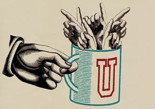 PrincetonPrinciples.jpg Illustration of a hand holding a coffee mug with the letter "U" on it, filled with six hands all pointing up their index fingers.