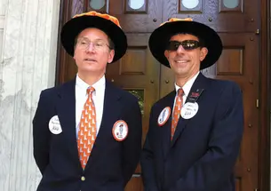Marshals Dan Abramowicz *84, left, and Dan Lopresti *87 model marshal attire before the P-rade.