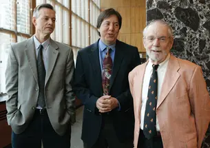 The Class of 1953 hosted a 60th-reunion tribute to one of its own, journalist and Princeton professor John McPhee. Two of McPhee’s former students, journalists Robert Wright ’79, left, and Joel Achenbach ’82, ­interviewed their teacher and mentor.