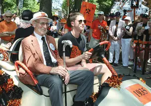 Hugh Sweeny Jr. ’35, 98 years old, received the silver-tipped Class of 1923 cane as the oldest returning alum from the earliest class represented. Malcolm Warnock ’25, awarded the cane for the eighth time at his 87th reunion last year, died in October