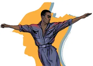 This is an illustration of Dean Moss dancing, arms out, in the air with his ankles crossed. The background is yellow and blue.