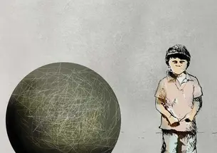 Illustration depicting child with large ball and chain