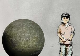 Illustration depicting child with large ball and chain
