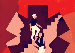 This is an illustration in red, pink and purple, with a white figure and a parallel Black figure climbing stairs in opposite directions.