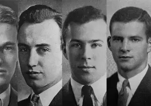 From left are black-and-white Nassau Herald photos of George F. Kennan 1925, Adlai Stevenson 1922, George Shultz ’42, and James A. Baker ’52.