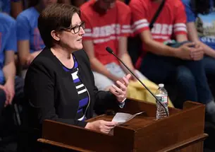 Jennifer Rexford ’91, the Gordon Y. S. Wu Professor in Engineering, speaks at the 2019 pre-read assembly for James Williams’ book, “Stand Out of Our Light: Freedom and Resistance in the Attention Economy.” 