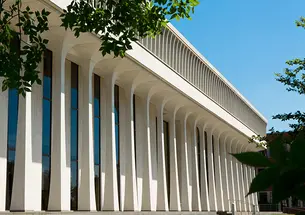Robertson Hall, home of the Princeton School of Public and International Affairs, has a modern facade with columns.