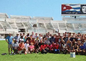 The Princeton teams pose for a group photo at Estadio Panamericano in Havana, site of the 1991 Pan American Games.
