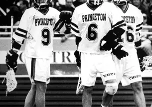 The Class of ’98’s top lacrosse attackmen — from left, Jon Hess, Chris Massey, and Jesse Hubbard (pictured here during their undergraduate days) — still play together in an over-30 division.