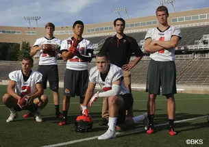 From left, Bob Dougherty ’15, Chad Cowden ’17, Kevin Ma ’14, John Wolfe ’14 (kneeling), student coach Ben Foulon ’14, and Chris McCord ’15